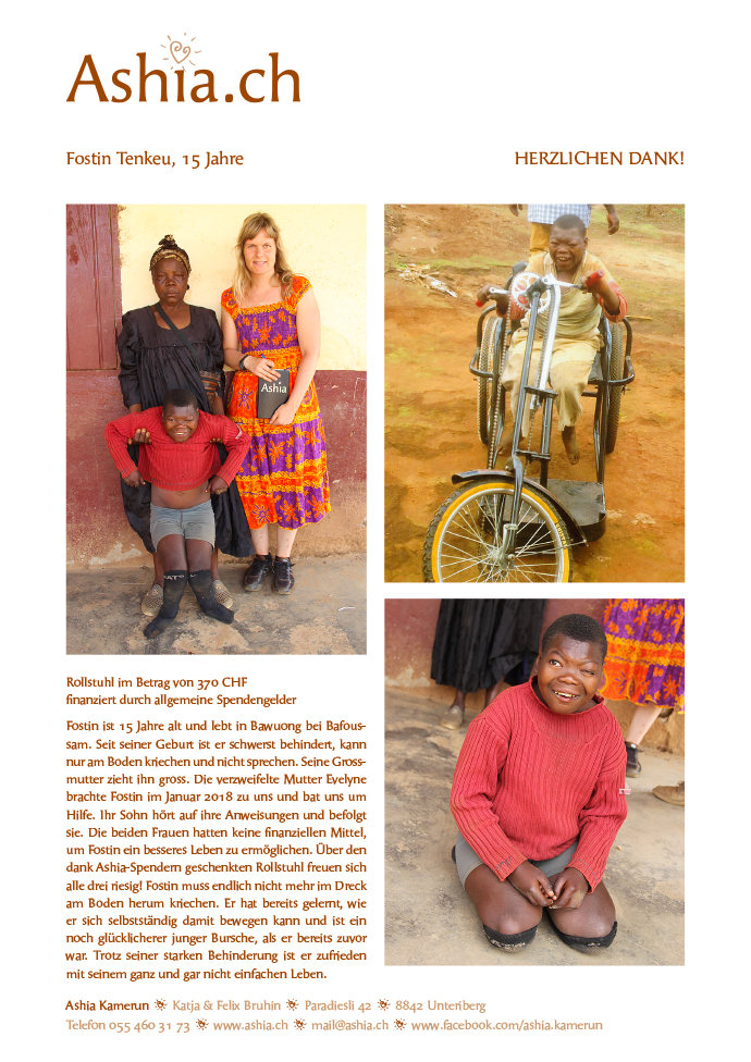 Fostin Rollstuhl behinderter Knabe Kamerun Bawuong Bafoussam